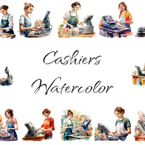 Clipart de caissiers aquarelle, fichiers numériques PNG sur fond transparent, scrapbook, invitations, utilisation commerciale, téléchargement immédiat