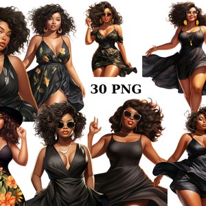 30 Curvy Black Women Clipart, Women of Color, Fashion Clipart, Summer Vibes, individuele PNG-afbeeldingen op transparante achtergrond