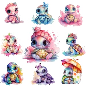 Acuarela lindas tortugas Clipart, imágenes digitales PNG, fondo transparente, 12x12, uso comercial, descarga instantánea