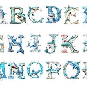 Aquarel Shark Alphabet Clipart, individuele PNG-afbeeldingen op transparante achtergrond, sublimatie, commercieel gebruik