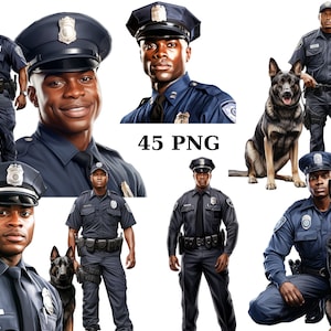 45 clipart de policiais de homens negros, homens de cor, clipart de polícia, imagens individuais PNG em fundo transparente, sublimação