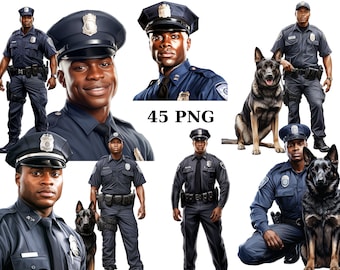 45 zwarte mannen politieagenten clipart, mannen van kleur, politie clipart, individuele PNG-afbeeldingen op transparante achtergrond, sublimatie