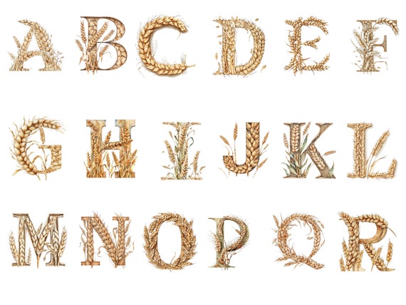 Watercolor Wheat Alphabet, Letters, PNG Individual Images