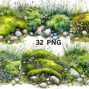 32 cliparts aquarelle mousse, fichiers numériques PNG sur fond transparent, sublimation, usage commercial