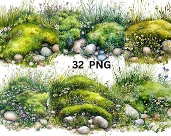 32 mos aquarel clipart, digitale PNG-bestanden op transparante achtergrond, sublimatie, commercieel gebruik