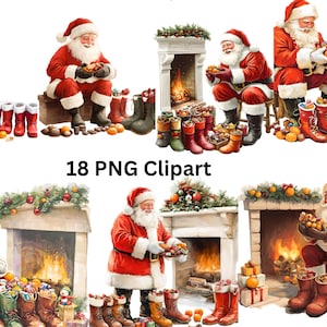 18 cliparts Père Noël avec bottes de Noël, clipart Noël, images individuelles PNG sur fond transparent, sublimation