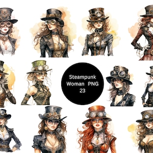 23 steampunk vrouwen aquarel clipart, steampunk clipart, individuele png-afbeeldingen op transparante achtergrond, sublimatie