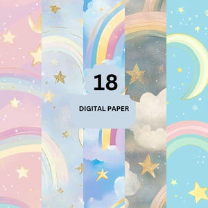 Carta digitale con luna pastello e arcobaleno – 18 sfondi con cielo stellato glitterato per baby shower, artigianato e scrapbooking