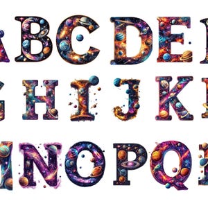 Galaxy Space Alphabet Clipart - Planets & Stars Cosmic Letters Individuele PNG-afbeeldingen op transparante achtergrond, sublimatie, commercieel gebruik