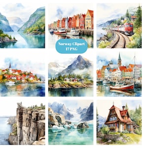 Imágenes prediseñadas de acuarela de Noruega, imágenes prediseñadas de ciudades, imágenes prediseñadas de Europa, imágenes individuales PNG sobre fondo transparente, sublimación, uso comercial