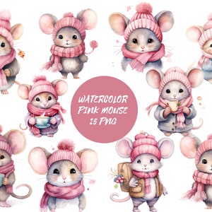 Mouse invernale carino acquerello, mouse rosa png, pacchetto Clipart, album, sublimazione, uso commerciale