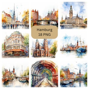 Aquarell Hamburg Clipart, PNG Dateien auf transparentem Hintergrund, Scrapbook, Einladungen, kommerzielle Nutzung