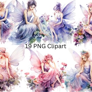 19 Feen auf Blumen Clipart, PNG Einzelbilder auf transparentem Hintergrund, Sublimation, kommerzielle Nutzung