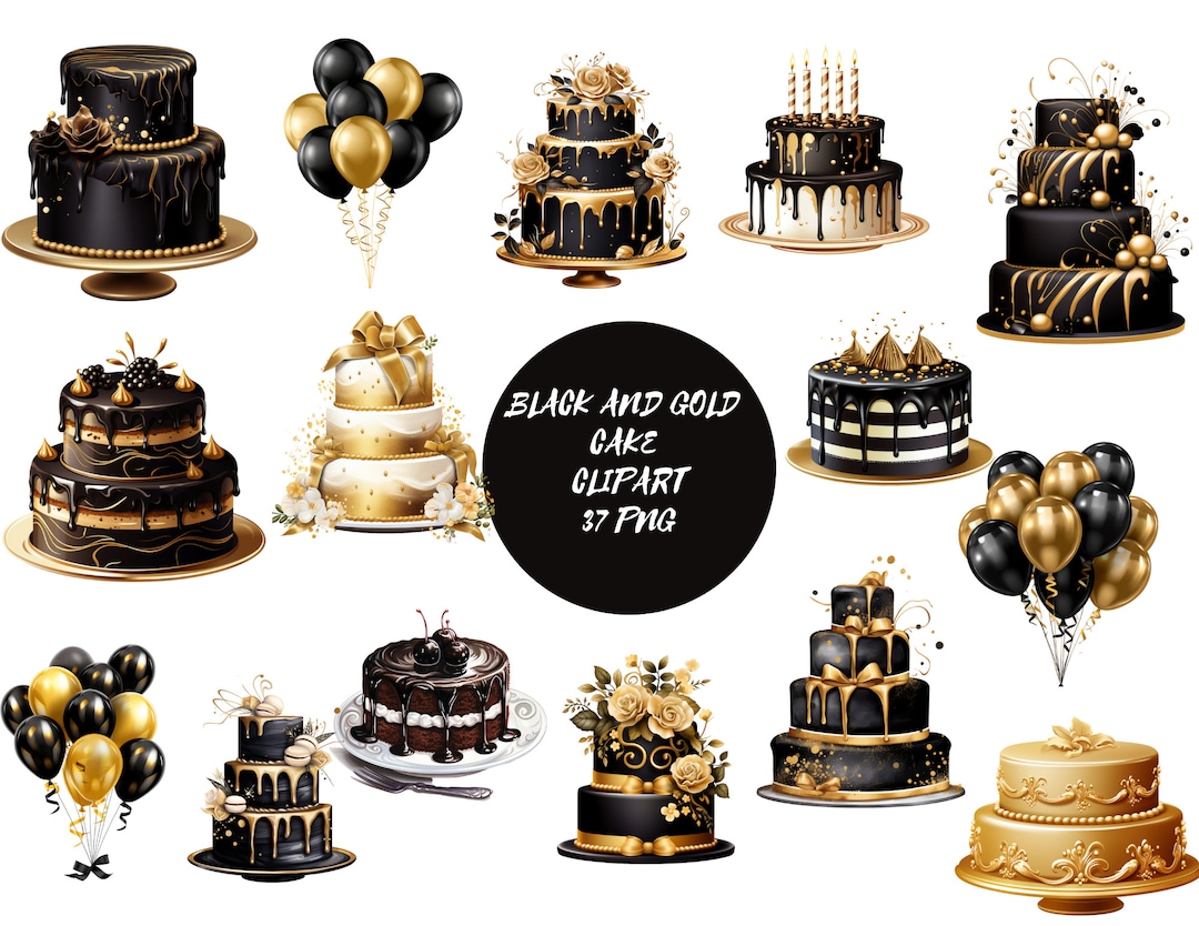 Black and Gold Cakes Clipart, Digital Files on Transparent Background