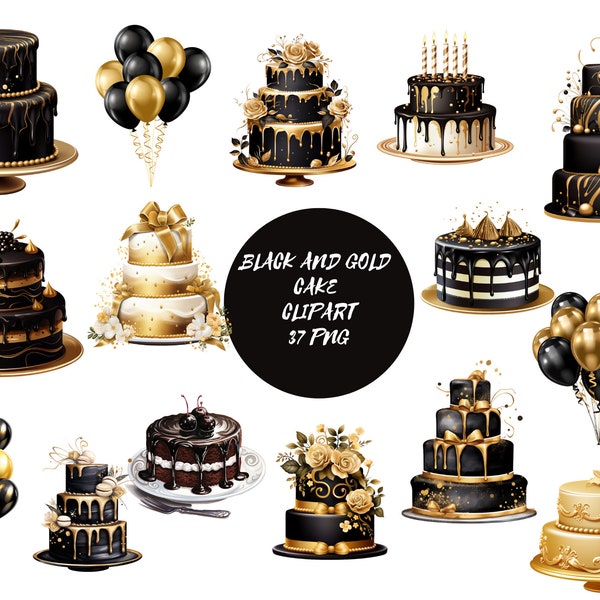 Black and Gold Cakes Clipart, digital files on transparent background, sublimation, commercial use