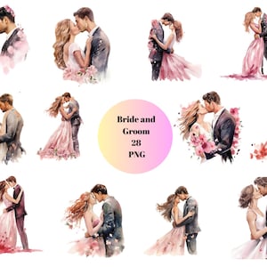 28 Clipart aquarela de noiva e noivo, clipart de casamento, imagens individuais PNG em fundo transparente, sublimação