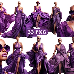 33 Bald Black Women in Purple Clipart, Women of Color, Purple Fashion, PNG individual images on transparent background