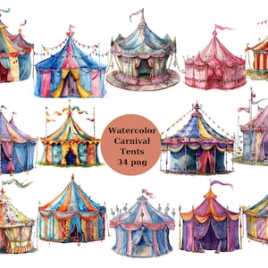 Clipart aquarelle de tentes de carnaval, graphiques de tentes de cirque en PNG pour un usage commercial Téléchargement instantané haute résolution, 12 x 12, usage commercial