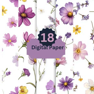 18 Floral Digital Paper Pack - Soft Purple and Yellow Flower Designs for Scrapbooking and Crafting