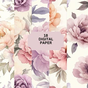 Peony Digital Paper – Soft Floral Backgrounds, Pastel Flower Scrapbook Paper Pack – 18 JPG Prints