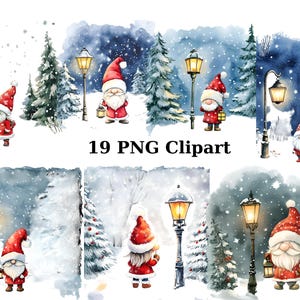 19 kerstkabouters met lantaarnpaal aquarel clipart, dieren clipart, individuele png-afbeeldingen op transparante achtergrond, sublimatie