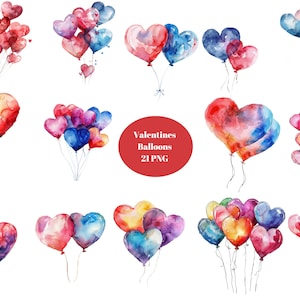 21 Valentine Balloons Watercolor Clipart, Valentines Day Clipart, PNG digital files on transparent background, sublimation