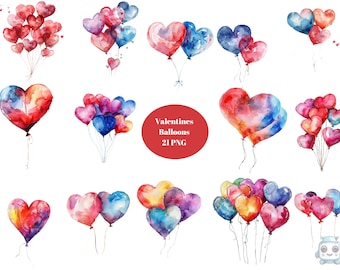 Red Heart Balloons Clipart Bundle Valentine's Day PNG Watercolor ...