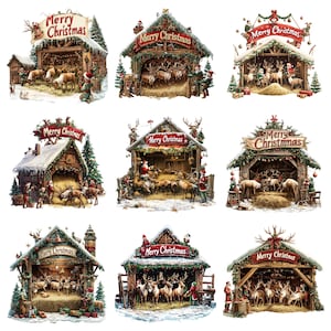 21 cliparts aquarelle écurie de rennes du père Noël, clipart Noël, images individuelles PNG sur fond transparent, sublimation