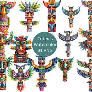 Watercolor Totems Clipart, PNG digital files on transparent background, sublimation, commercial use