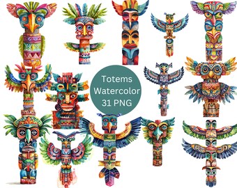 Op de afbeelding: Een set van 15 aquarel illustraties van kleurrijke totempalen met verschillende dier- en mensenfiguren. De illustraties zijn perfect voor knutsel-, scrapbooking- en digitale designprojecten.