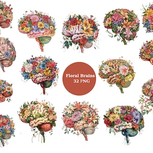 Puede incluir: Un conjunto de 12 ilustraciones digitales de cerebros hechos de flores. Las ilustraciones son de estilo vintage y presentan una variedad de flores en diferentes colores. El texto "Floral Brains 32 PNG" está en el centro de la imagen.