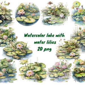 Lago aquarela com nenúfares, arquivos digitais PNG em fundo transparente, álbum de recortes, convites, uso comercial, download instantâneo