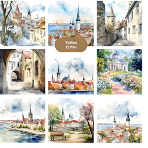 Tallinn Watercolor Clipart, Estonia Clipart, PNG individual images on transparent background, sublimation