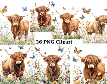 26 lustige Highland Kühe Aquarell Clipart, Tiere Clipart, PNG einzelne Bilder auf transparentem Hintergrund, Sublimation