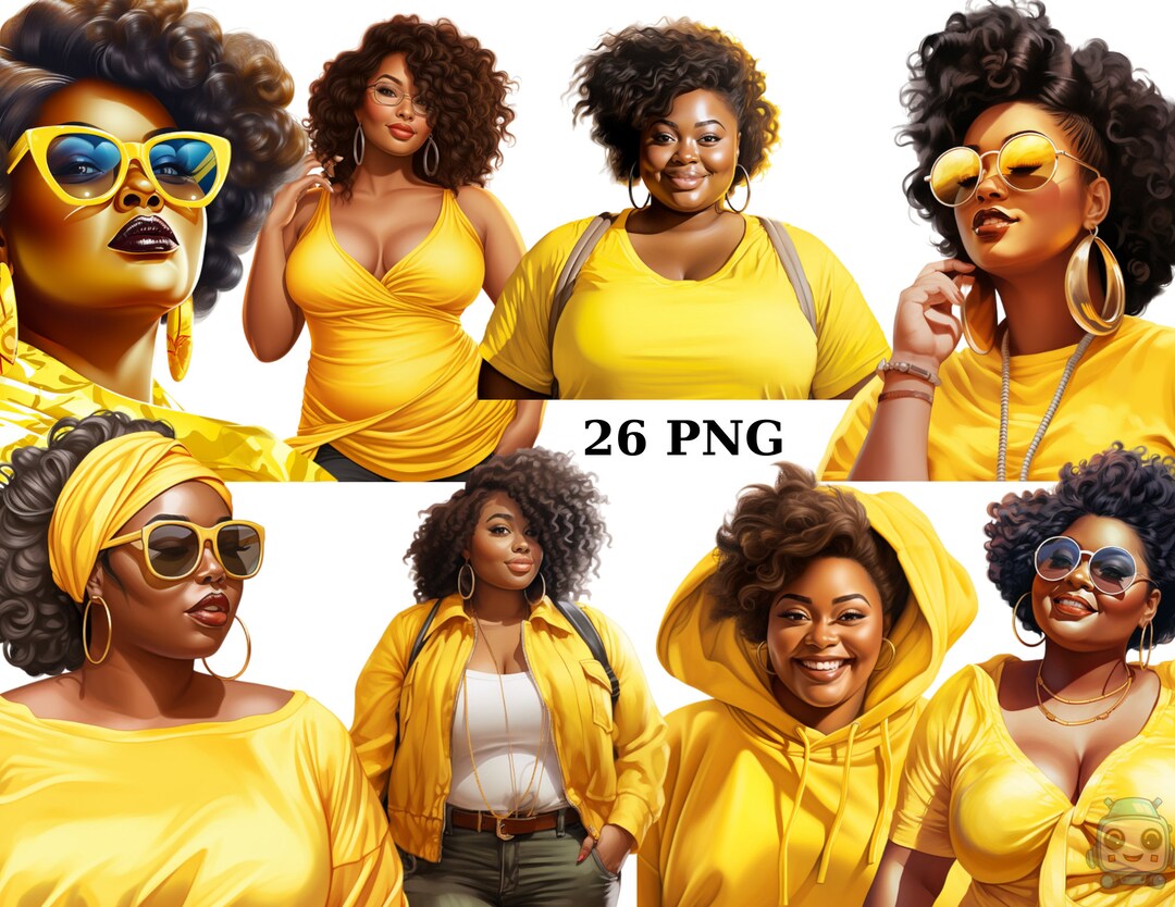 26 Curvy Black Women in Yellow Clipart, Women of Color, Fashion Clipart ...