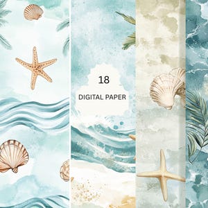 Beach Ocean Digital Paper – 18 Backgrounds With Seashells, Starfish ...