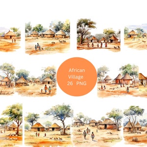26 Clipart ad acquerello di villaggi africani, Clipart Africa, singole immagini PNG su sfondo trasparente, sublimazione