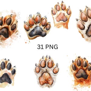 Ensemble de cliparts d'impression de patte de chien et de chat aquarelle - 31 pattes de chien et de chat réalistes, images individuelles PNG sur fond transparent, sublimation