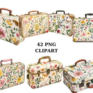 Clipart floral de valise vintage, 42 images PNG sur fond transparent, décoration de voyage aquarelle pour sublimation et créations manuelles