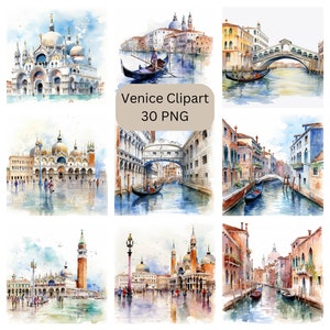 Acuarela Venecia Clipart, archivos digitales PNG sobre fondo blanco, álbum de recortes, invitaciones, uso comercial, descarga instantánea