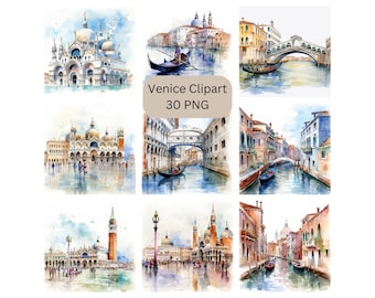 May include: Watercolor illustrations of Venice, Italy, featuring iconic landmarks like St. Mark's Basilica, bridges, and canals. Gondolas glide on the water, and the artwork has a soft, artistic style. The text "Venice Clipart 30 PNG" is included.