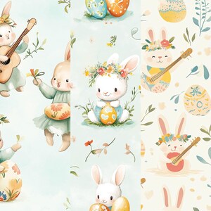 Cute Bunny and Easter Egg Digital Paper, Pastel Spring Music Theme ...