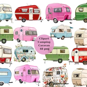 Clipart Camping Caravan, archivos digitales PNG sobre fondo transparente, sublimación, uso comercial