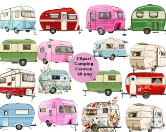 Può includere: Una collezione di 16 illustrazioni di camper in stile vintage. I camper sono di vari colori, tra cui blu, rosso, verde, rosa e bianco. Alcuni camper hanno motivi floreali. Le illustrazioni sono perfette per lo scrapbooking, la creazione di biglietti e altri progetti di artigianato.