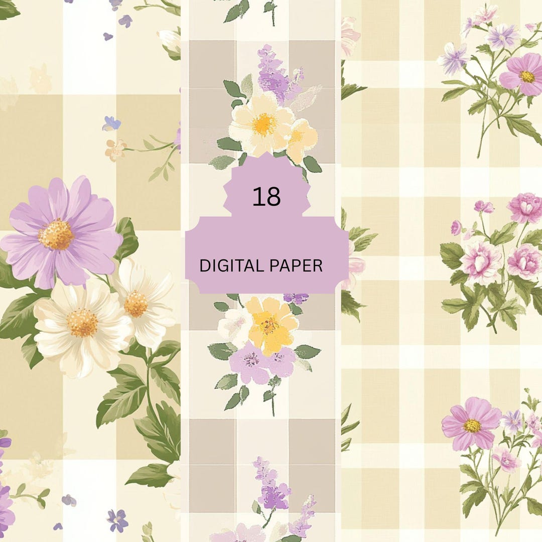 Cottagecore Gingham Floral Digital Paper Pack - Vintage Pastel Flowers ...