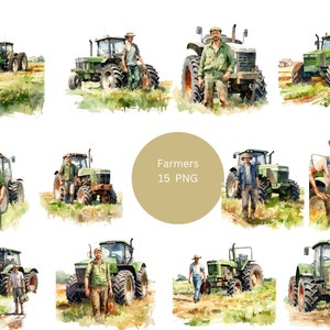 15 Bauern Aquarell Clipart, PNG Einzelbilder auf transparentem Hintergrund, Sublimation