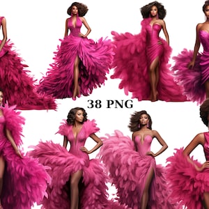 38 Fashion Black Women in Pink Feather Dress Clipart, Women of Color, PNG individual images on transparent background, sublimation