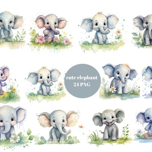 24 Baby Elephants Watercolor Clipart, Animals Clipart, PNG individual images on transparent background, sublimation, commercial use