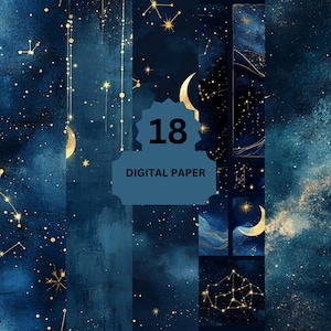 Carta digitale celeste – 18 sfondi di cielo notturno galattico con stelle, luna e costellazioni per scrapbooking e artigianato