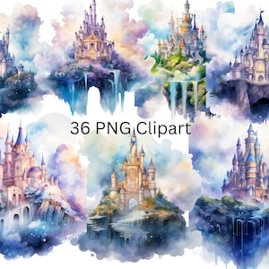 36 drijvende kastelen aquarel clipart, afzonderlijke png-afbeeldingen op transparante achtergrond, sublimatie, commercieel gebruik